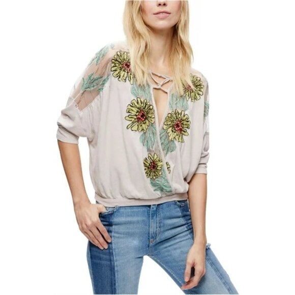 Free People Gotta Love It Embroidered Neutral Gray Yellow Floral Top - Picture 1 of 9